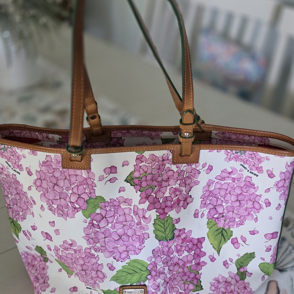 Floral Pink Hydrangea Tote Bag with Brown Trim